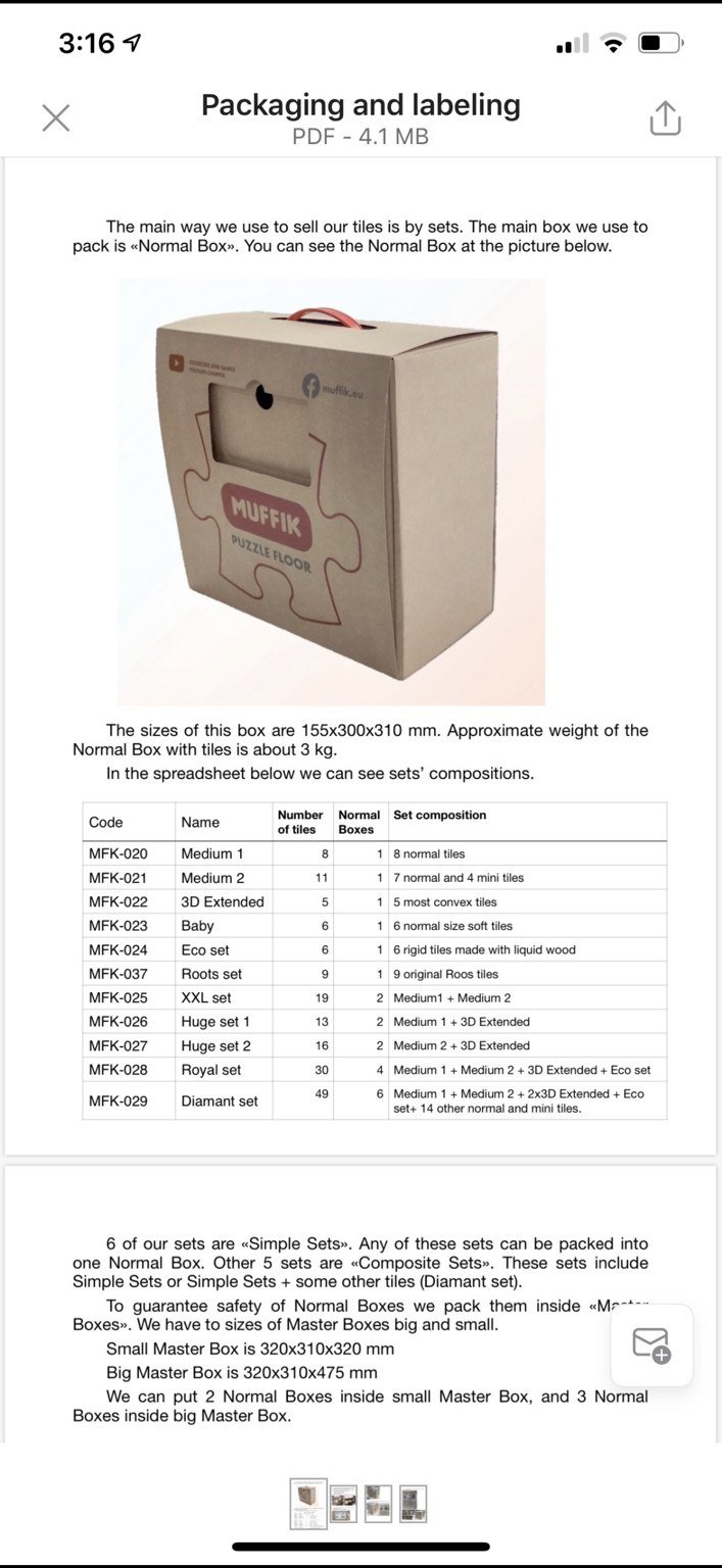 Muffik packaging and labeling documentation showing set composition and shipping cartons.
