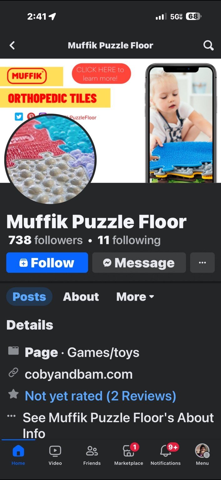 Muffik Puzzle Floor Facebook page showing the Coby and Bam website and follower count.